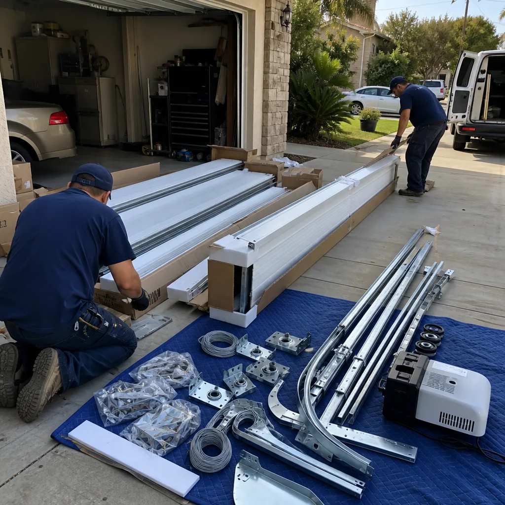 Professional technicians performing a residential garage door installation