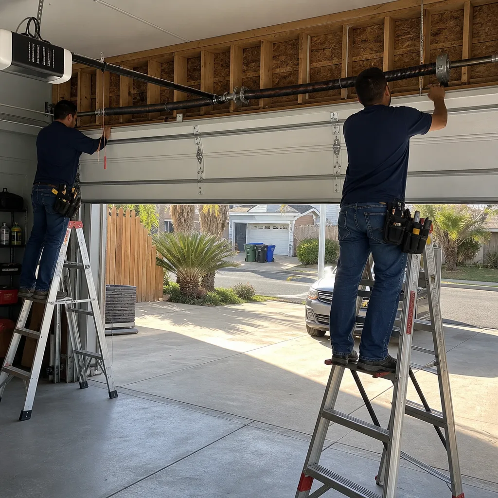 Professional technicians performing garage door installation in a residential garage