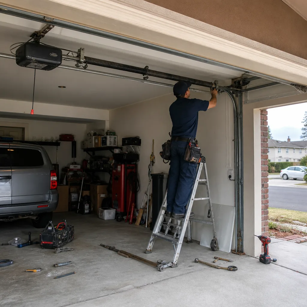 Technician performing professional garage door opener repair and maintenance service