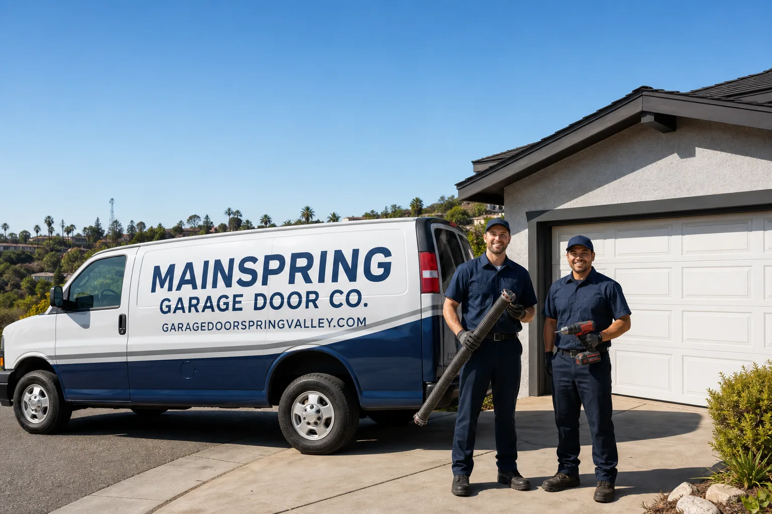 Mainspring Garage Door Co. garage door service vehicle and crew in Spring Valley, CA